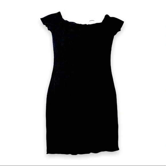 New Casual Black Lettuce Trim Ribbed Off-the-Shoulder Bodycon Mini Pencil Dress - Picture 15 of 15